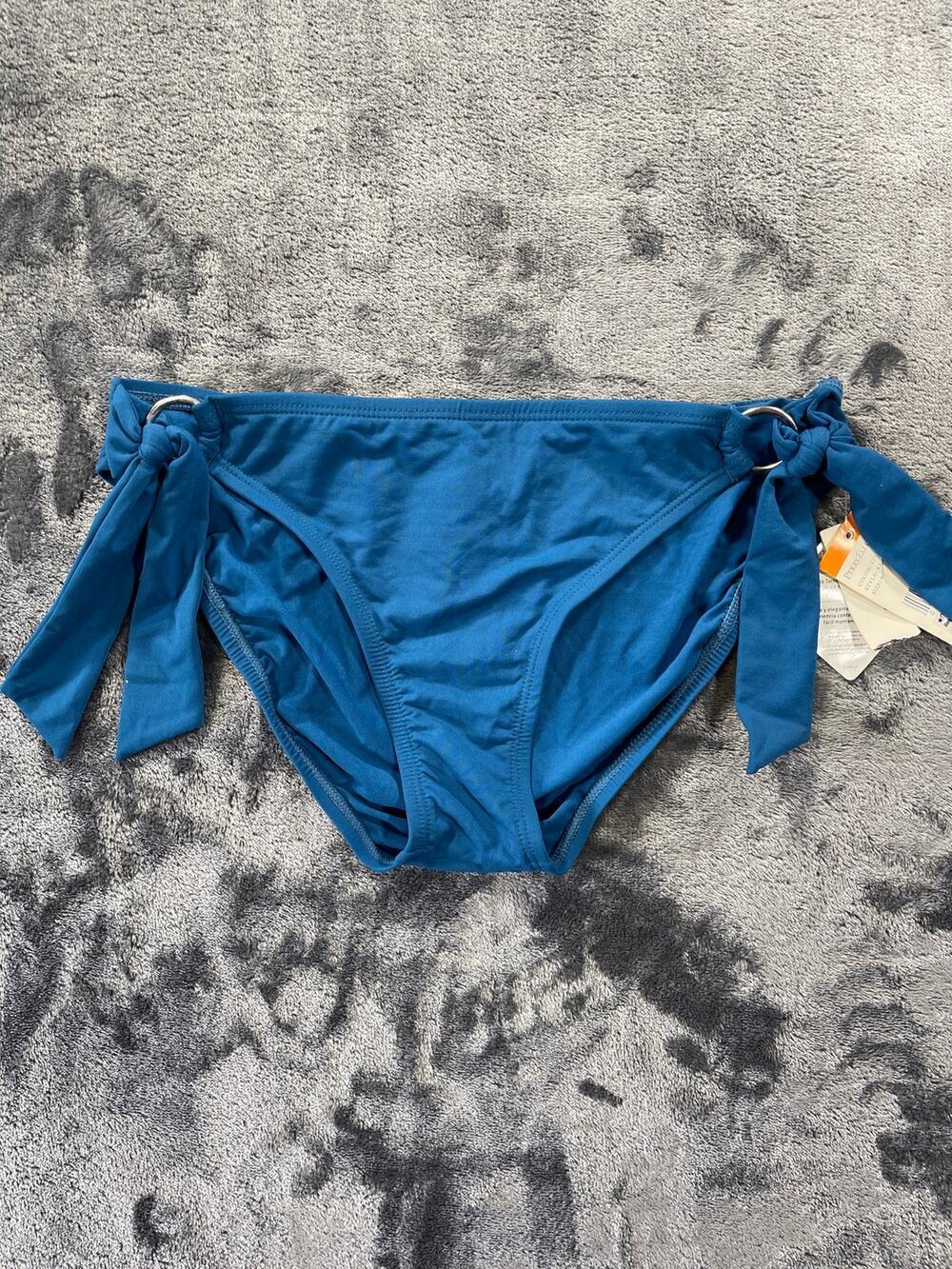 NWT Perry Ellis Womens Size Small Teal Blue O Ring Side Tie Bikini Bottoms Swim